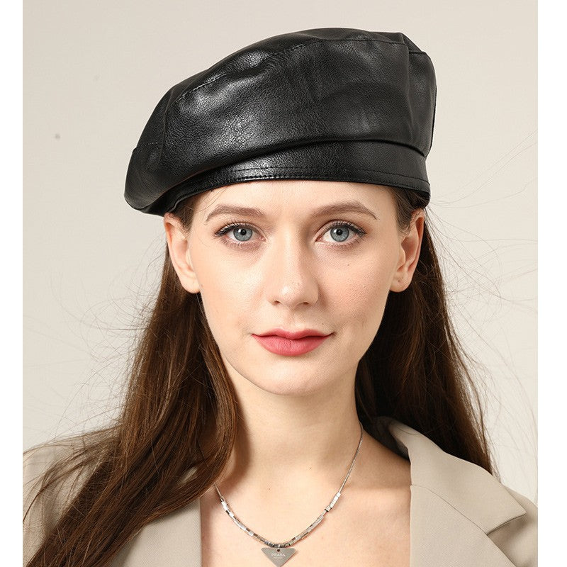 Fashion Girl Leather Beret Beanie Hat Cap Women Plain Beret Hats Solid Color Elegant Lady Artist Caps Belt Beanies