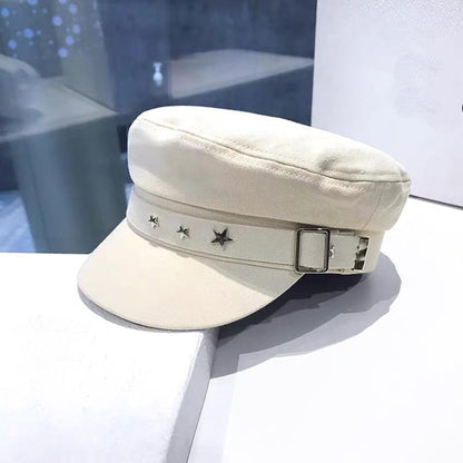 Chapéu Feminino Fashion com Fivela de Metal, Boné Octogonal de Algodão, Boina de Estrela Elegante para Inverno, Boina Estilo Cinto, Chapéu Plano Streetwear