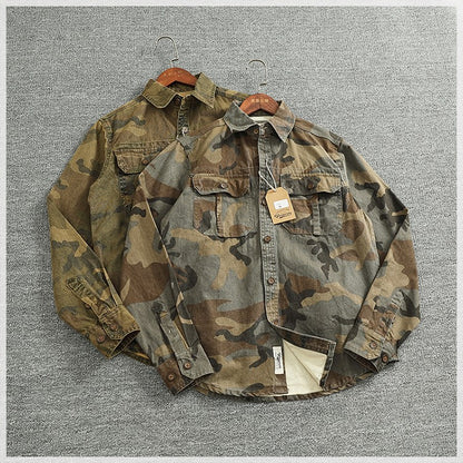 2024 Autumn and Winter New American Retro Woven Camouflage Cargo Shirt Men's 100% Cotton Washed Old Double Pockets Thin Jacket