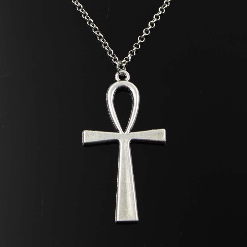 Colar Feminino Pingente Cruz Egípcia Ankh Símbolo da Vida Prata Antiga Simples Clássico Corrente Curta Longa Joias