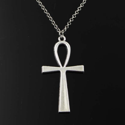 Colar Feminino Pingente Cruz Egípcia Ankh Símbolo da Vida Prata Antiga Simples Clássico Corrente Curta Longa Joias
