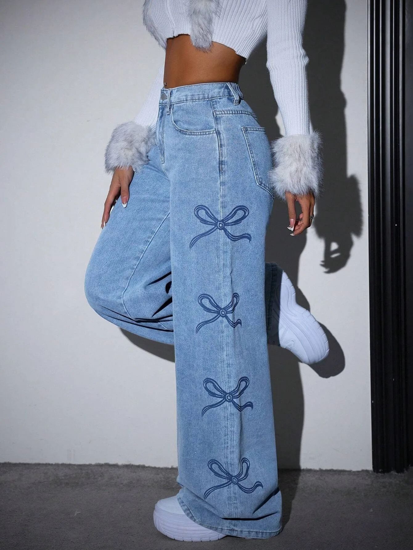 Denim Pants Women Bow Print Jeans High Waist Washed Distressed Straight Trousers Vintage Floor Length Streetwear Wide Leg Pants