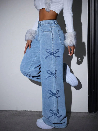 Denim Pants Women Bow Print Jeans High Waist Washed Distressed Straight Trousers Vintage Floor Length Streetwear Wide Leg Pants