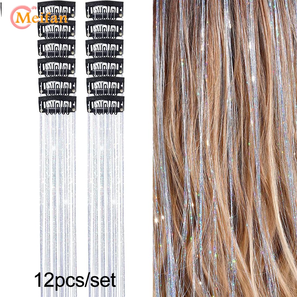 12 Peças/conjunto de Extensões de Cabelo Colorido com Glitter, Presilha de Cabelo Sintética Brilhante e Cintilante, Acessórios de Cabelo para Festas