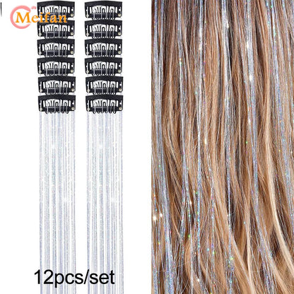 12 Peças/conjunto de Extensões de Cabelo Colorido com Glitter, Presilha de Cabelo Sintética Brilhante e Cintilante, Acessórios de Cabelo para Festas