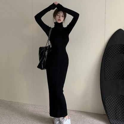 Sexy Black Turtleneck Knitted Bodycon Dress Women Autumn Winter Long Sleeve Sweater Dress Woman Korean Bottoming Long Dresses