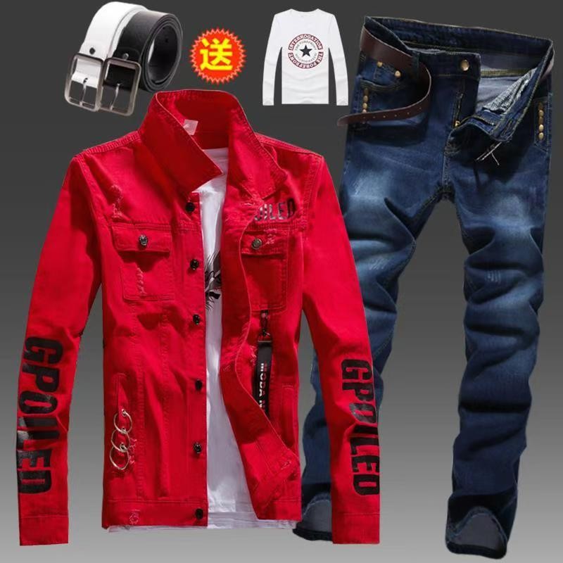 Men's Slim Fit Denim Jacket Pants 2pcs Set Long Sleeve Coats Letters Printed Casual Large Size Black White Red Boys Trousers