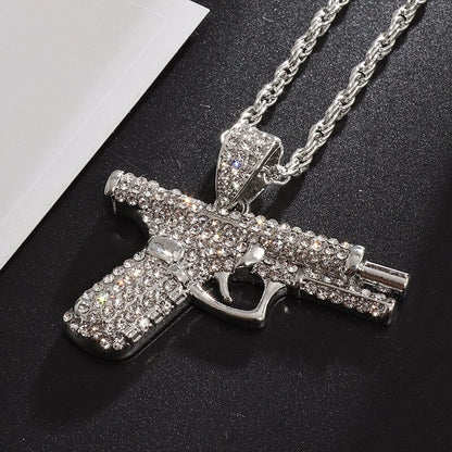 Pingente de Pistola com Gelo Cravejado Bling Colar de Metralhadora Masculino Personalidade Hip Hop Rock Punk Joia Legal para Festa de Rua Presente