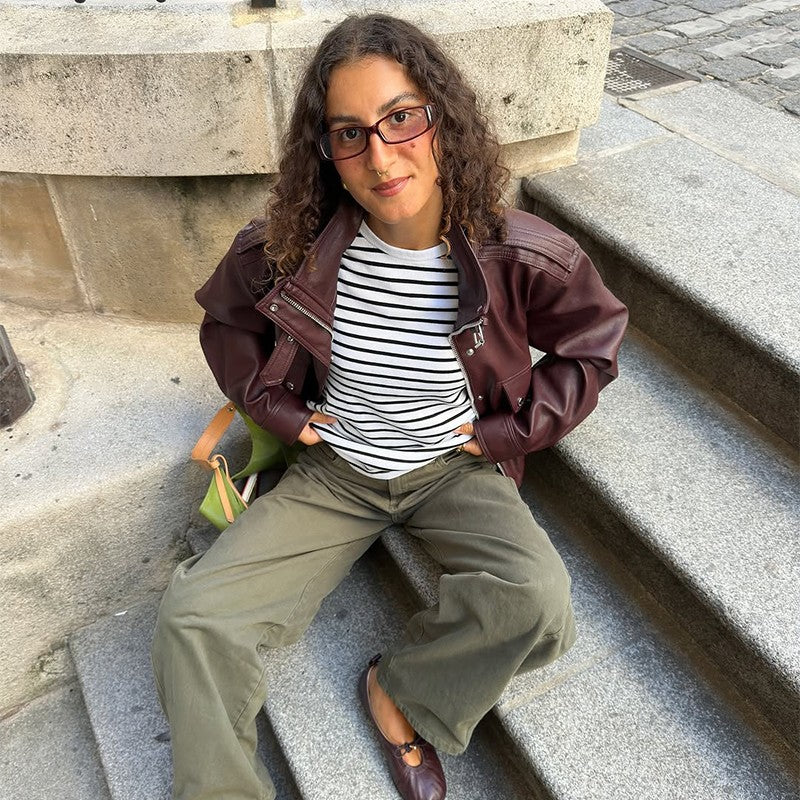 Fashion PU Leather Stand Up Coat for Women Casual Long Sleeve Zipper Lady Jackets 2025 Autumn New Female Outerwear High Street