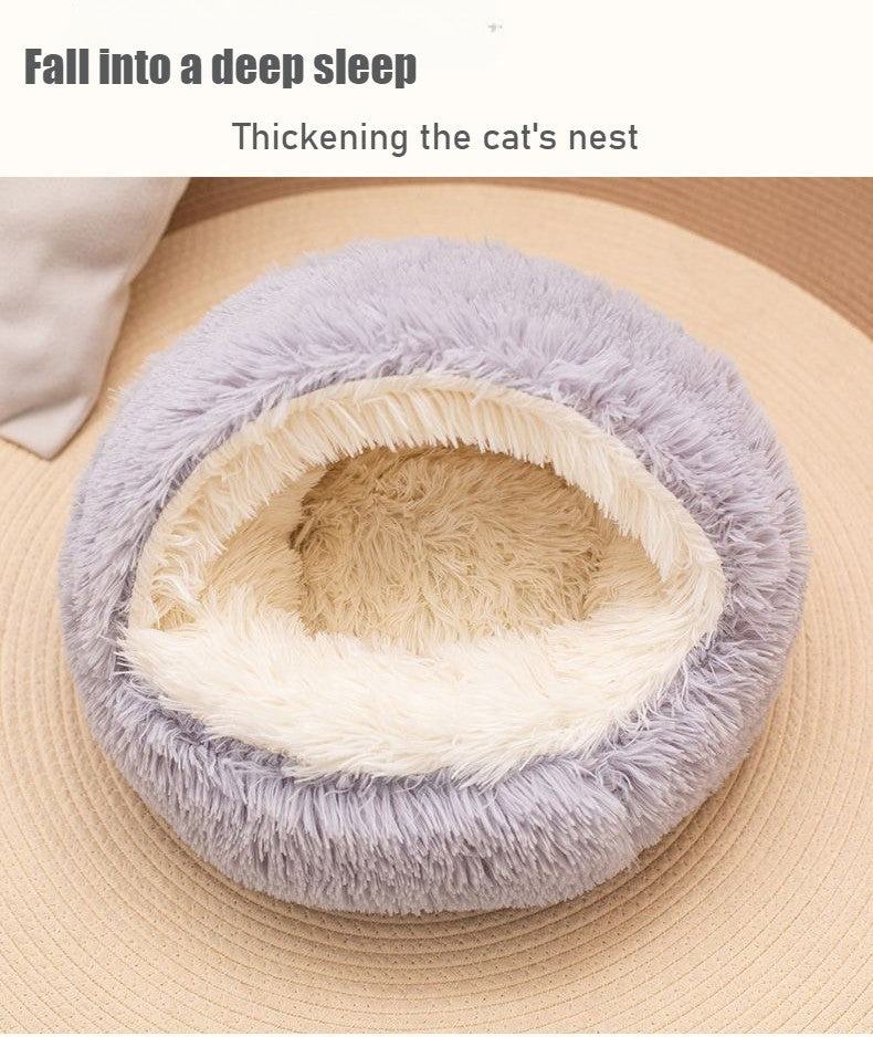 Cama para Pets 2 em 1 de Pelúcia Macia 50CM com Cobertura Redonda Cama para Gatos Colchão para Filhotes Quente Ninho Caverna para Cães Pequenos Tapetes