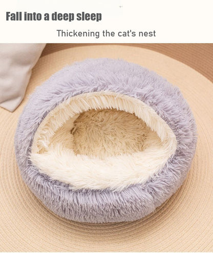 Cama para Pets 2 em 1 de Pelúcia Macia 50CM com Cobertura Redonda Cama para Gatos Colchão para Filhotes Quente Ninho Caverna para Cães Pequenos Tapetes