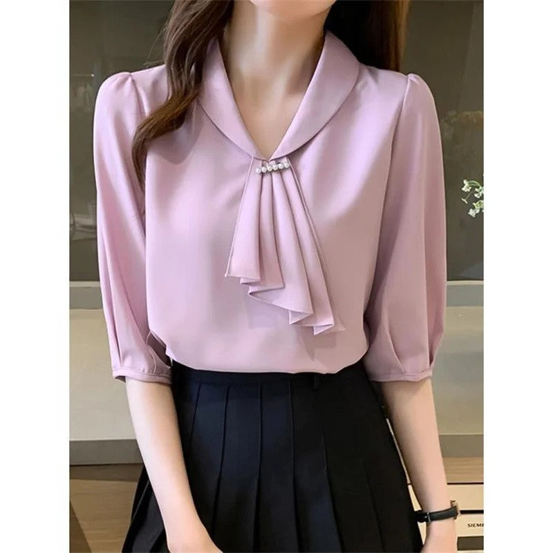 Women Summer Style Blouses Shirts Lady Office Wear OL Short Sleeve Bow Tie Collar Pink Blusas Tops