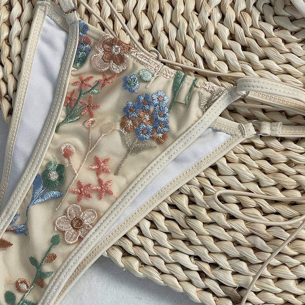 DEBAIOR 2025 Women Bikini Set Floral Embroidery Lingerie Set Women Sheer 2-Piece Boho Bra + Panty Underwear Set Intimates