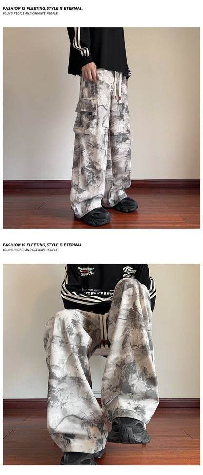 Mens Casual Pants Straight Leg Loose Fit Tactical Cargo Joggers Wide Leg Tie Dye Trousers Trendy Fashion Side Pocket pants man