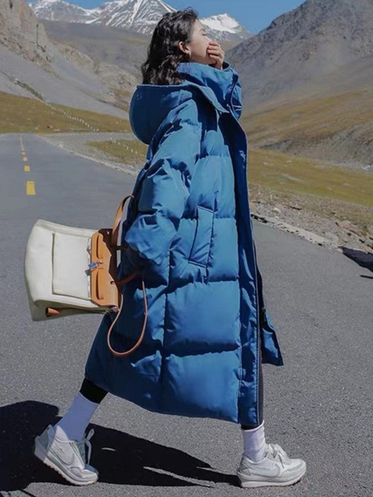 Long Thickened Down Cotton Bread Style Coat Women's Winter 2025 Outerwear Korean Loose Long Knee Length Solid Hooded Jacket