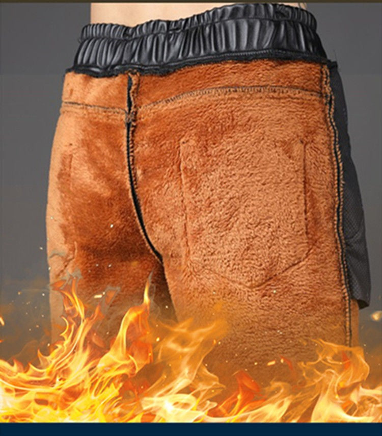 Men's Loose High-Waisted Fce-Lined Thiened Motorcycle Leather Pants Windproof Waterproof Busin Casual Long Trousers