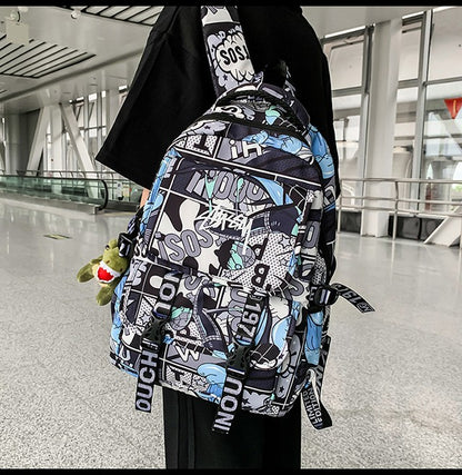 Anime Male and Female High-capacity One Piece Luffy Graffiti Printed Backpack for Middle High Students School Bag