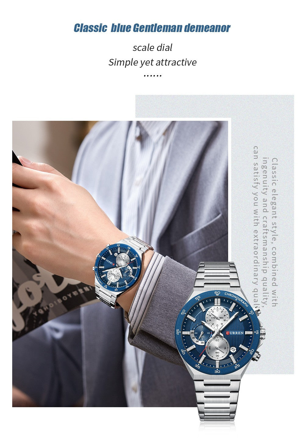 CURREN Classic 43mm Men's Watch Chronogrph Quartz Wristwatch with Stainless Steel Band Luminous Hands Auto Date