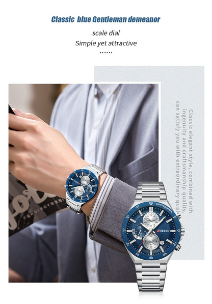 CURREN Classic 43mm Men's Watch Chronogrph Quartz Wristwatch with Stainless Steel Band Luminous Hands Auto Date