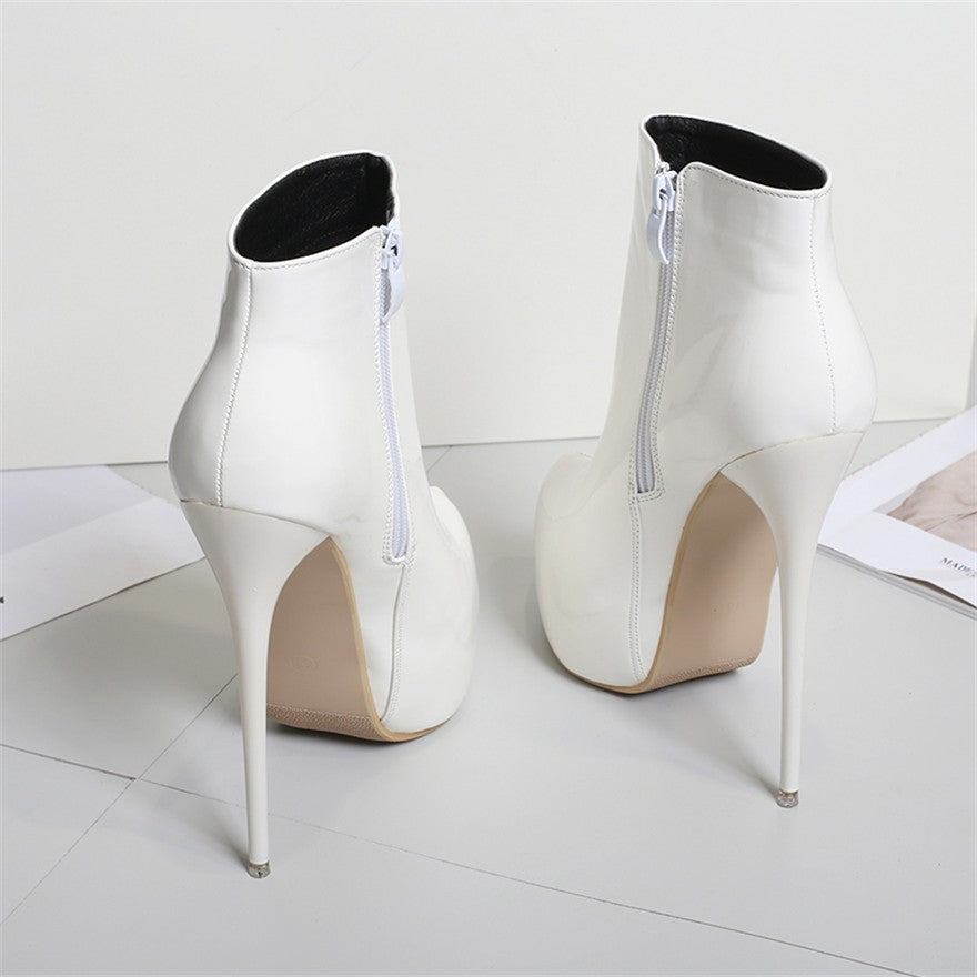 Big Size 35-47 Patent Leather Women Boots Round Toe Side Zipper Super High Heels 16CM Pumps 2025 Sexy Platform Party Shoes Woman