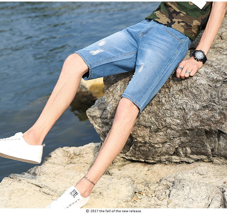 New Summer Men's Personalized Washable Perforated Denim Short Pants Male Casual Straight Short Jeans