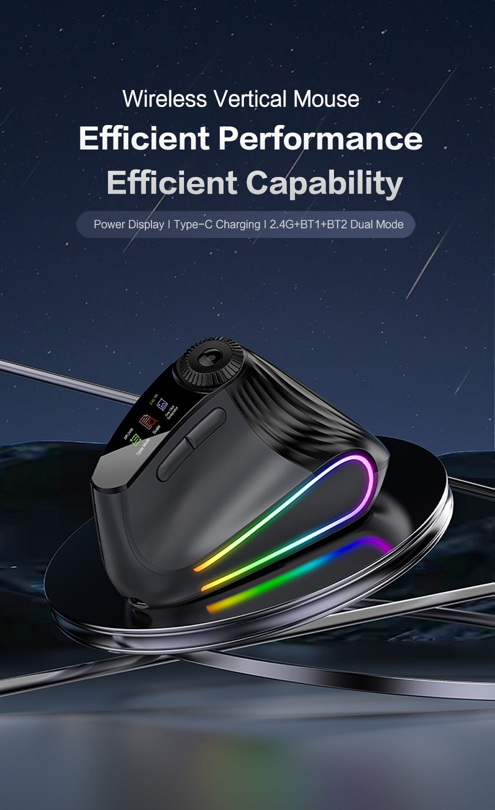 Mouse Vertical Sem Fio Jomaa RGB Retroiluminado Speed Roller com Botão de Ajuste de Função Bluetooth USB Ergonômico Click Silencioso