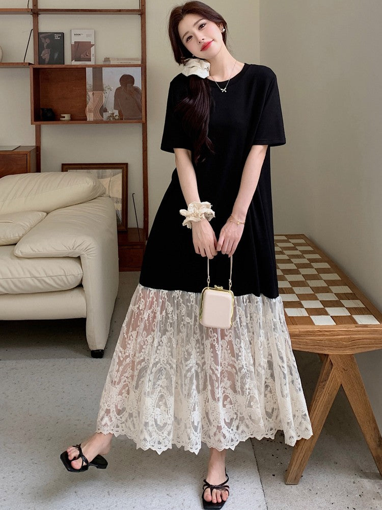 NYFS plus Size Women's Lave Patchwork Dress Summer 2025 Loose Long Dresses Robe Elbise Short Sleeve Korean Style Floral Hem