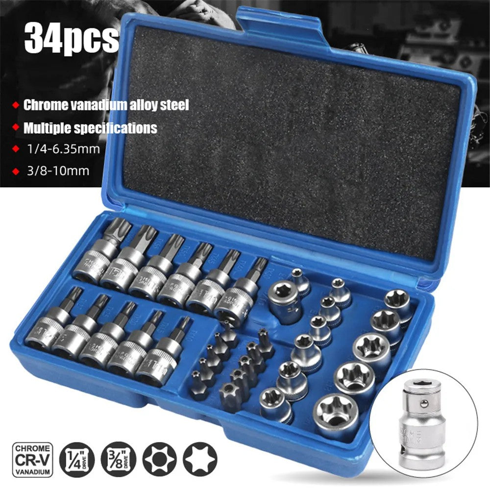Conjunto de Soquetes Torx e E-Torx de 34 Peças, Encaixe de 1/4", 3/8", 1/2", Pontas Macho e Fêmea de Segurança E-torx, Ferramenta Manual