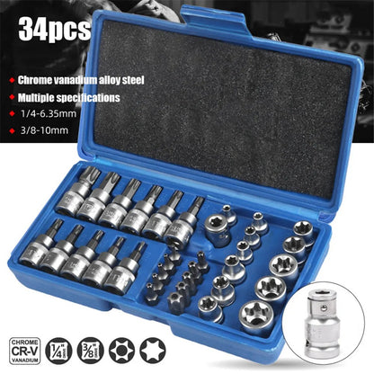 Conjunto de Soquetes Torx e E-Torx de 34 Peças, Encaixe de 1/4", 3/8", 1/2", Pontas Macho e Fêmea de Segurança E-torx, Ferramenta Manual