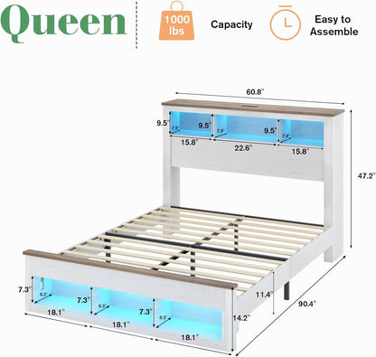 Estrutura de Cama Queen Size de Fazenda com Cabeceira e Peseira de Estante com Armazenamento, Estrutura de Cama Plataforma de Madeira com Armazenamento e Madeira