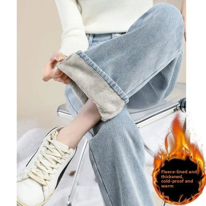 Thickened Fleece Lined Retro Women's Wide Leg Jeans Winter New Style Hong Kong Flavor Small Size Straight Cut Warm Trousers