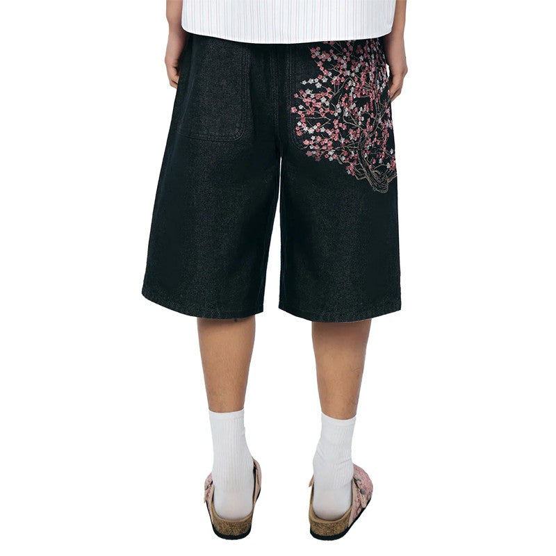 Fashion Retro Cherry Blossom Pattern Embroidery Black Denim Shorts Gothic Hip Hop Men Women Versatile Casual Streetwear Summer