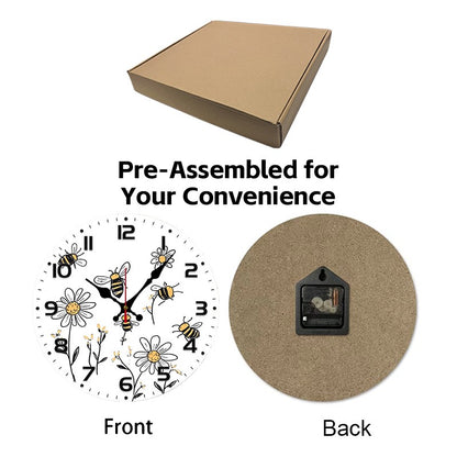 Bee And Daisy Wooden Round Silent Hanging Wall Clock, Suitable For Living Room, Office, Study Room, Bedroom, Home Decoration