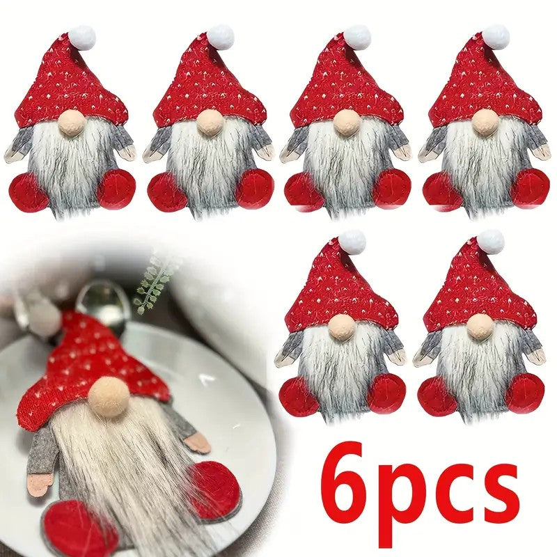 Um conjunto de 6 talheres (garfo e faca) temático de anões com um saco de armazenamento de tecido - talheres xadrez vermelho e branco, adequado para o Natal