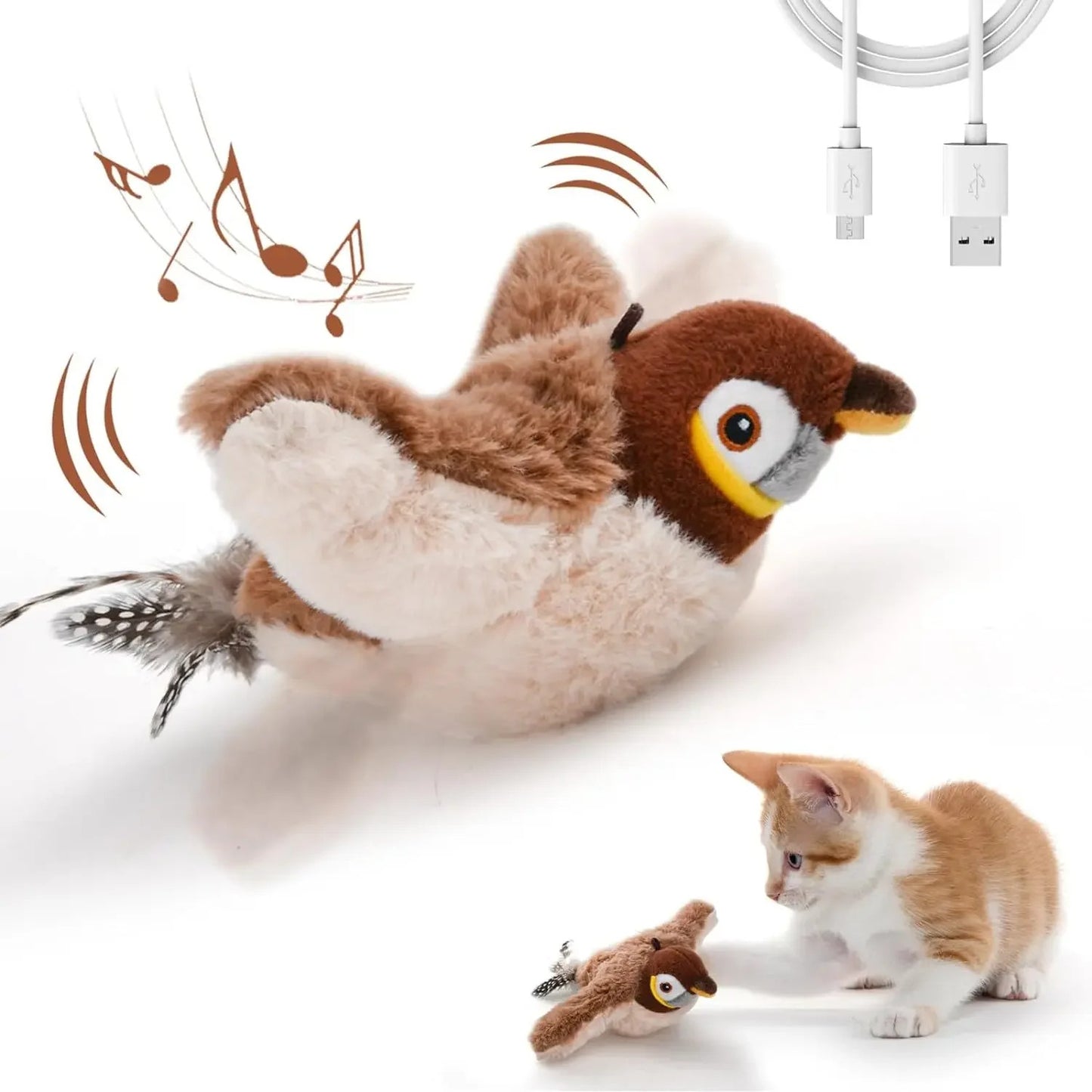 Brinquedos Interativos para Gatos Brinquedo de Pássaro Voador Recarregável para Gatos Pássaro Cantando Batendo Asas (não voa) Pode Adicionar Catnip Brinquedo de Pelúcia Ativado por Toque