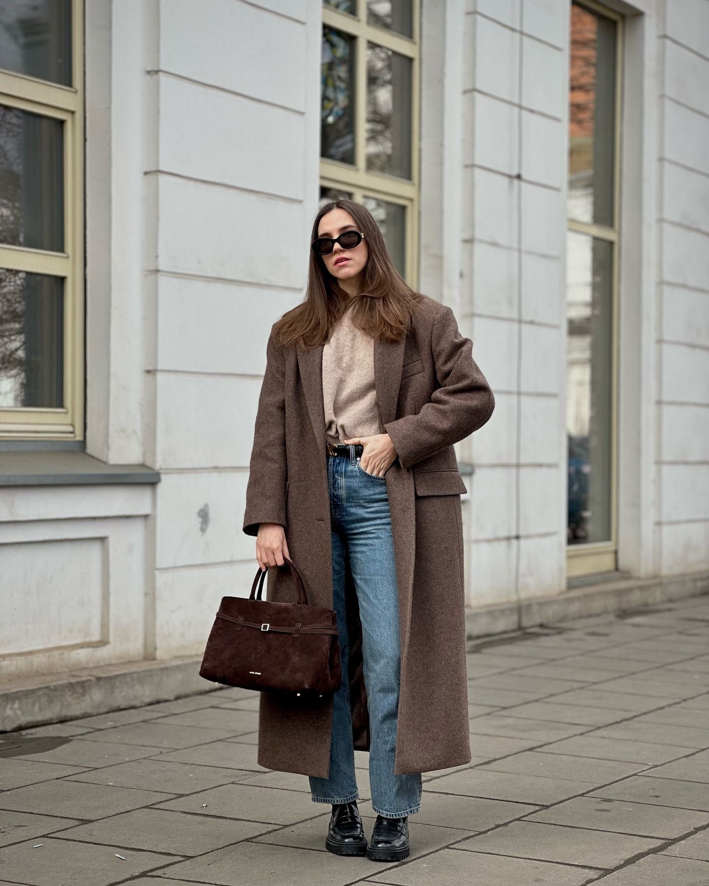 Women Elegant Shoulder Pad Wool Blend Overcoat Brown Lapel Single-breasted Long Sleeve Coat 2025 Autumn Lady Commuter Outerwear
