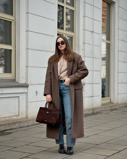 Women Elegant Shoulder Pad Wool Blend Overcoat Brown Lapel Single-breasted Long Sleeve Coat 2025 Autumn Lady Commuter Outerwear