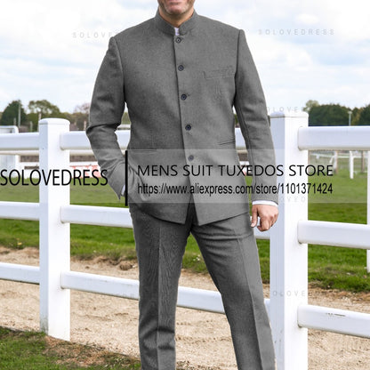 2 Pieces Men's Suits  Herringbone Tweed Stand Collar Single Breasted  Groomsmen Wedding Suits Men suits ?Blazer+Pants?