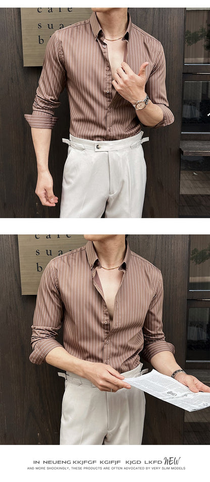 Striped Shirts for Men High-quality 2025 Autumn New Solid Business Casual Long Sleeved Elastic Slim Fit Dress Shirt Men Clothing