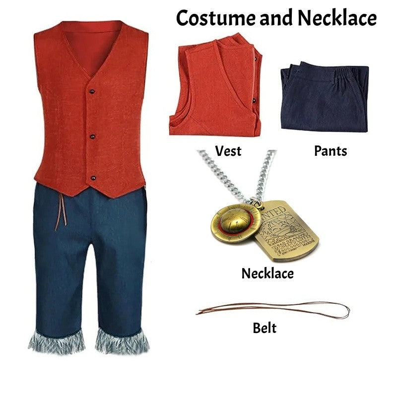 Monkey D Luffy Cosplay Costume for Men Adult Anime Outfit Halloween Party Red Vest Shorts Straw Hat Rope Set
