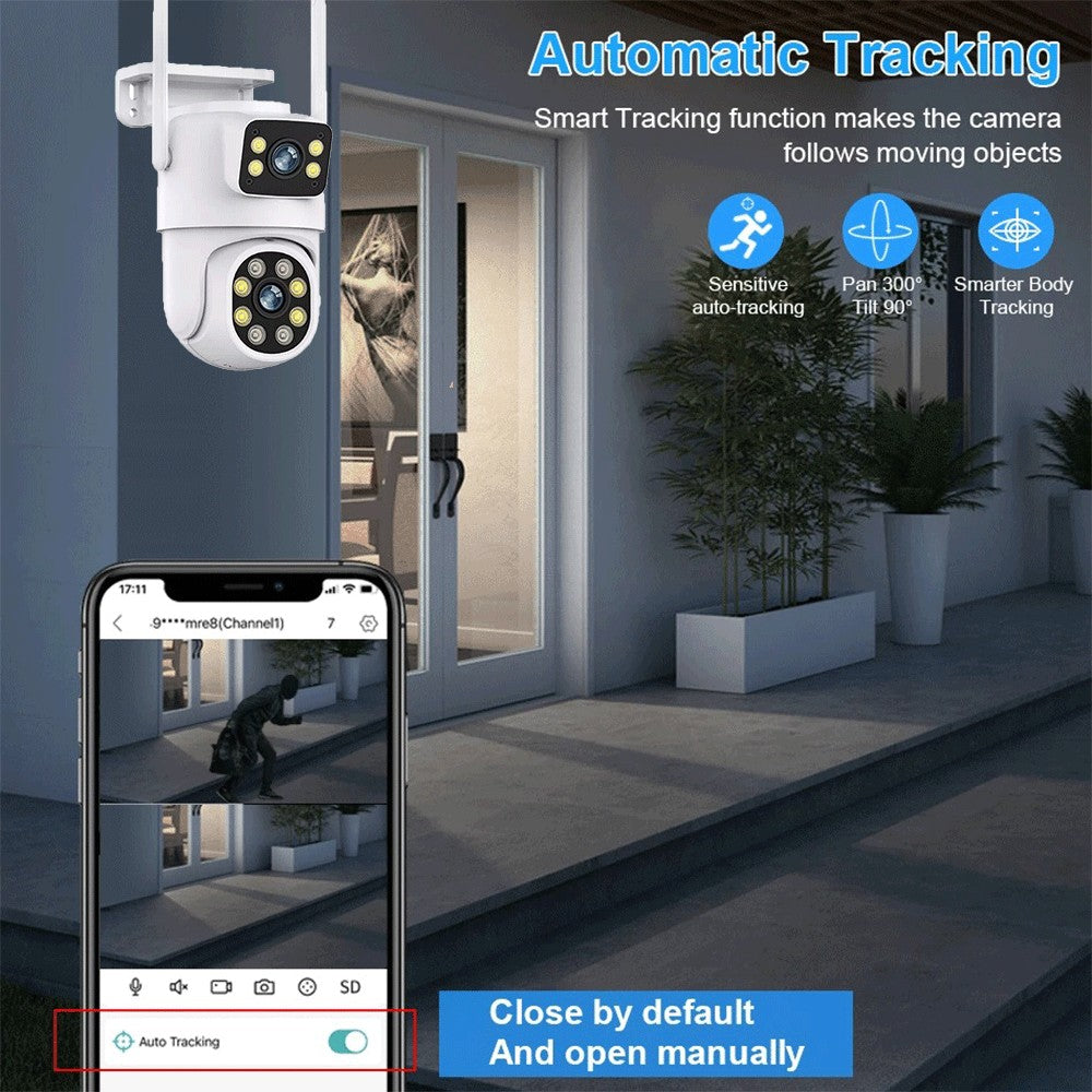 Câmera WIFI PTZ de Lente Dupla Tuya 4K 8MP para Exterior com Tela Dupla Ai Detecção Humana Automática Segurança com Alexa Google