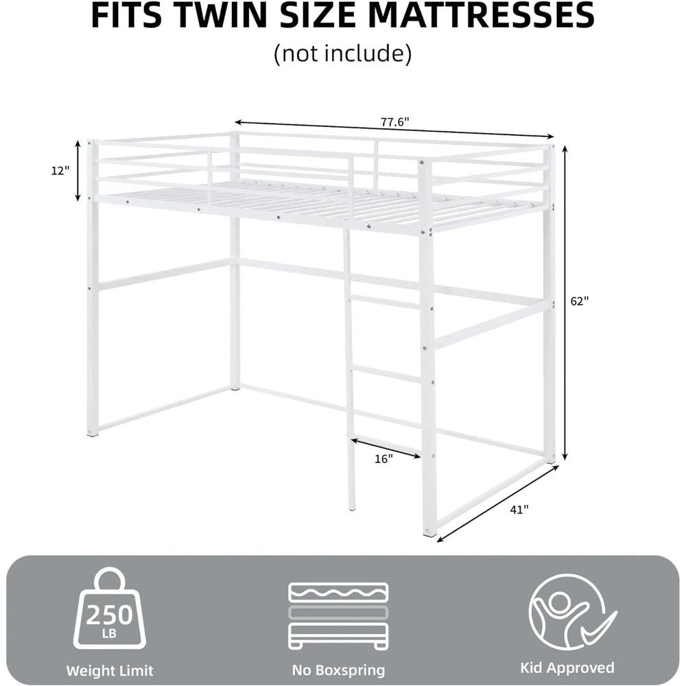 Cama Loft de Metal de Solteiro com Grades de Segurança e Escada Plana, Adequada para Crianças, Adolescentes e Adultos, Branca