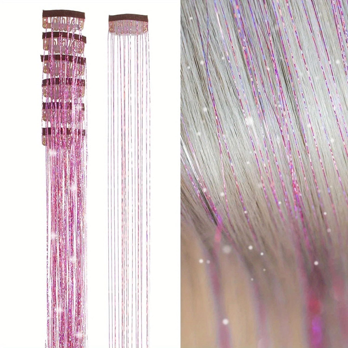 Apliques de cabelo coloridos de seda brilhante sem costura, grampo com glitter dourado de seda, faixas de cor de fio de laser deslumbrante, perucas sintéticas