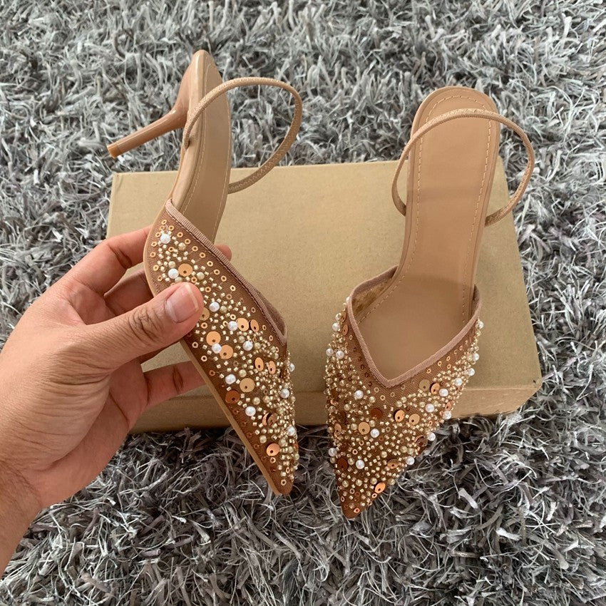 Fashion High Heeled Formal Party Shoes for Lady Luxury Sequin Pearl Stiletto Elengat Mesh Slingbacks Women Modern Sandals
