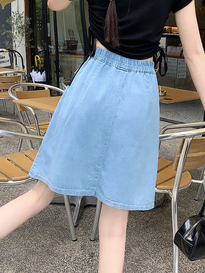 Casual Summer Plus Size Midi Denim Skirts Woman Preppy Loose A-line Ruffles Skirt With Shorts Elastic Waist Jeans Skirts Women