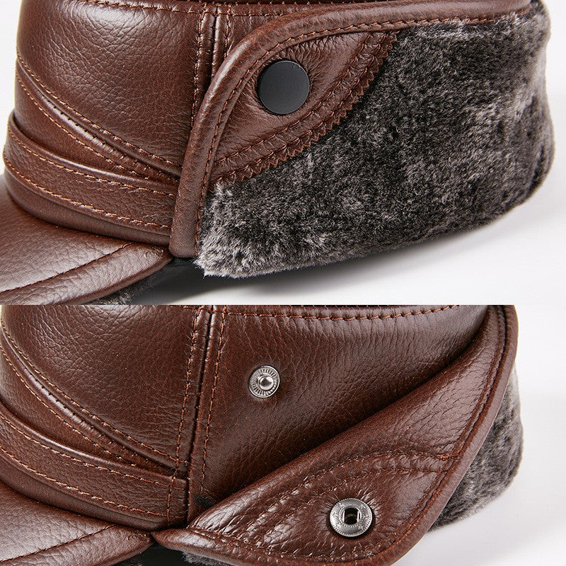 Men's Genuine Leather Duckbill Hat Winter Thickened Warm Outdoor Earflap Cotton Cap Elderly Real Leather Hat Cowhide Warm