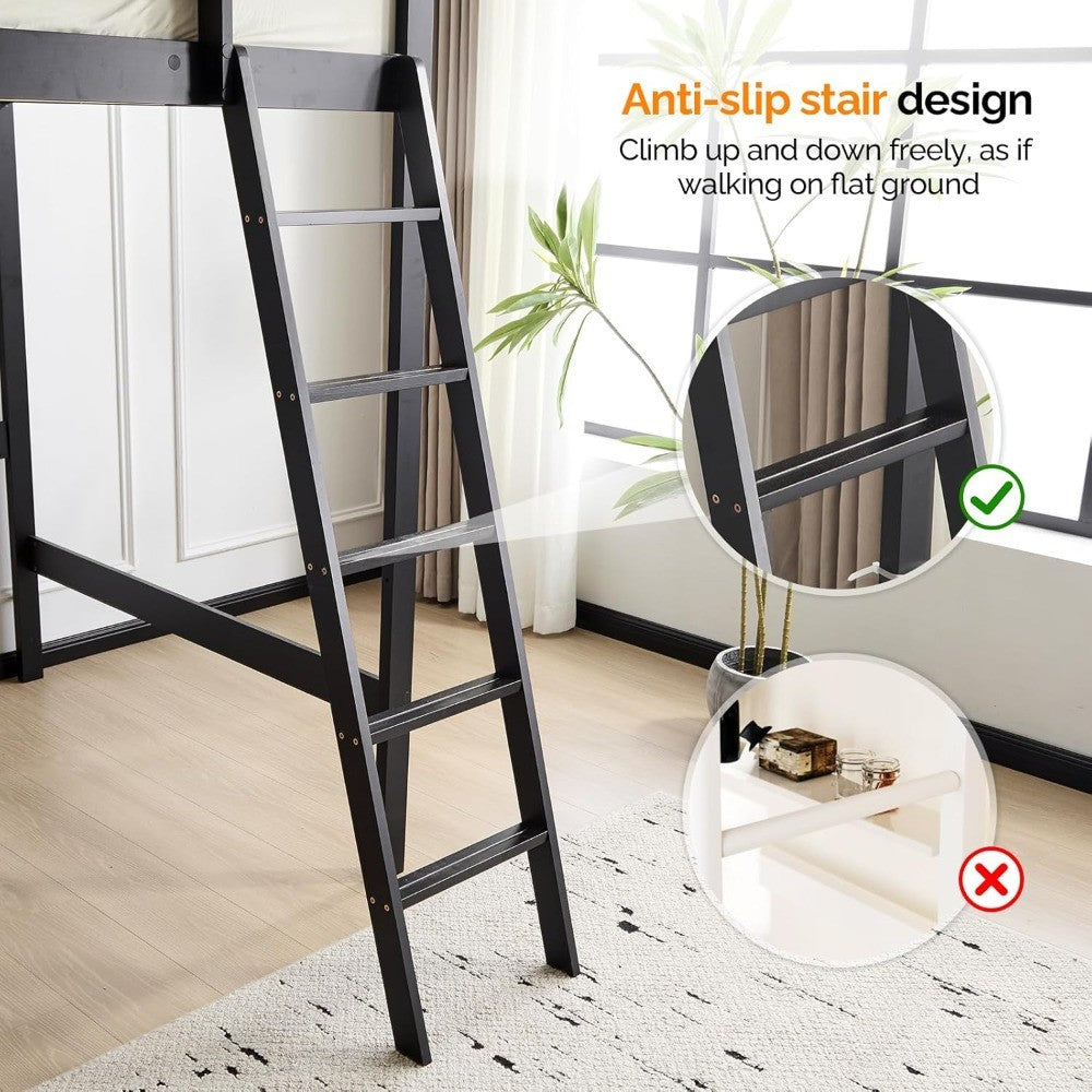 Loft Bed Full Size with USB Charging Station/LED, Solid Wood Double Loft Bunk Bed with Flat Rungs for Kids/Teens/Adults, 15 inc