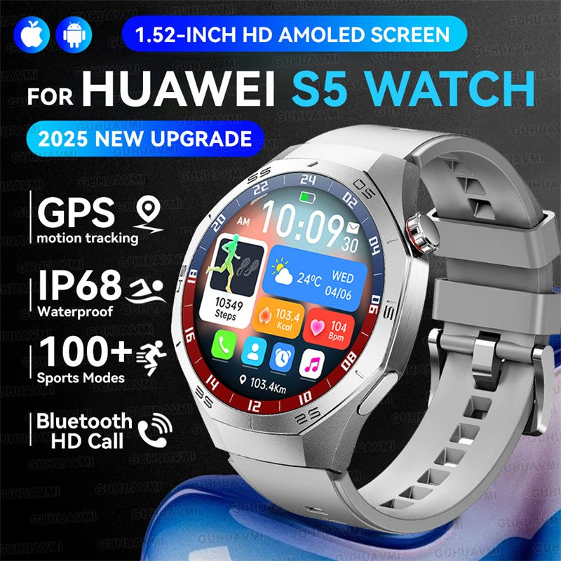 Smartwatch GUHUAVMI GT5 Pro 2025 Masculino com Tela HD AMOLED, GPS, Monitor de Trajetória de Movimento, Frequência Cardíaca, Chamada Bluetooth e 1.52", IP68