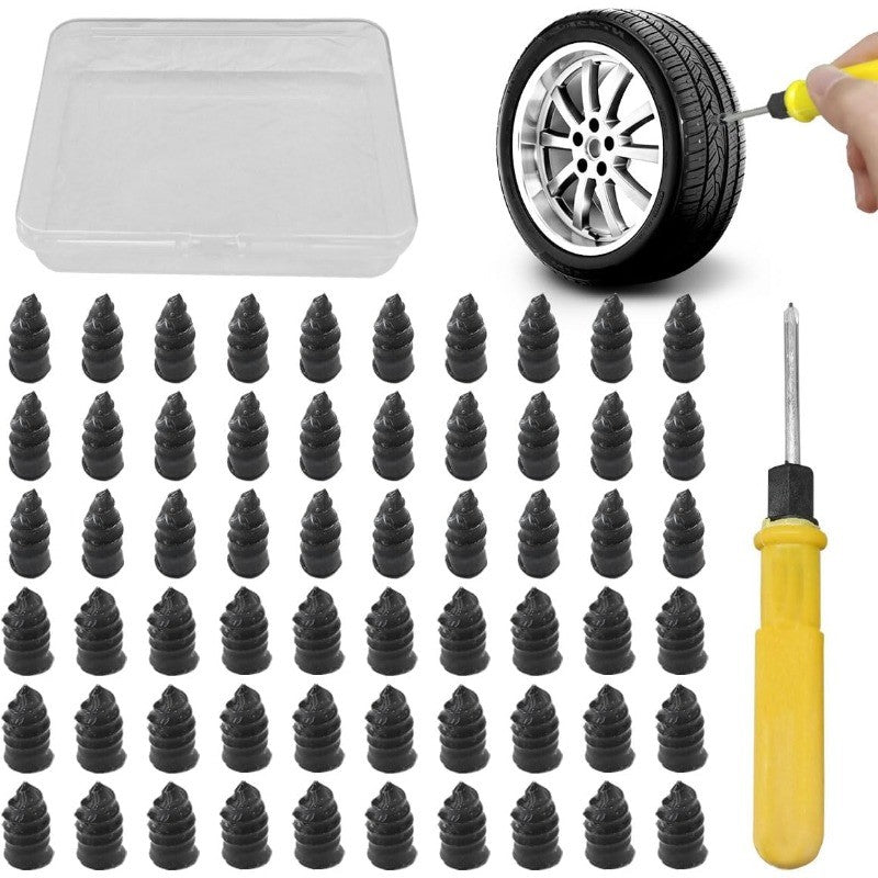 60 PEÇAS Kit de Reparação de Pneus com Pregos de Borracha Ferramenta de Reparo de Furo de Pneu com Chave de Fenda Kit de Parafusos de Reparo a Vácuo para Carro, Moto e Bicicleta