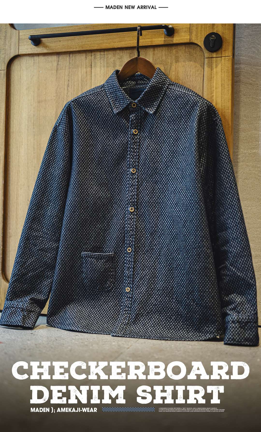 Maden Retro Checkered Long-sleeved Denim Shirt Loose Lapel Single-breasted Jacket for Men Spring and Fall Versatile Outerwear
